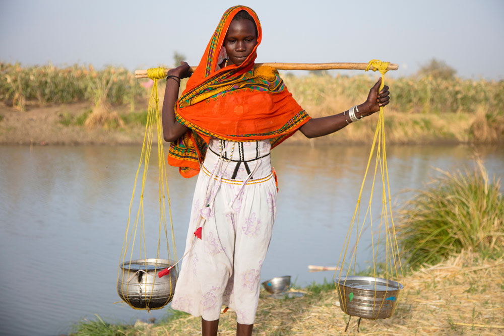Young Chadian woman collecting water from river