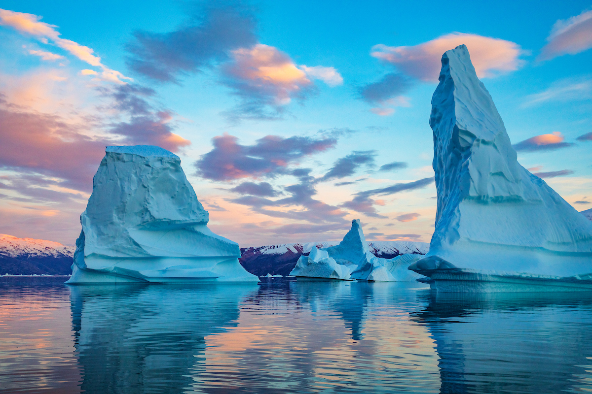 Icebergs in East Greenland at sunset